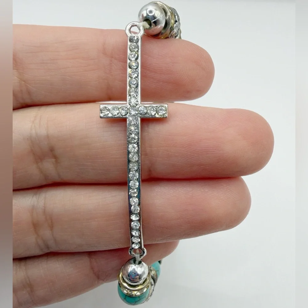 Sideways Cross Stretch Bracelet with Turquoise Beads & Crystal Rhinestones
